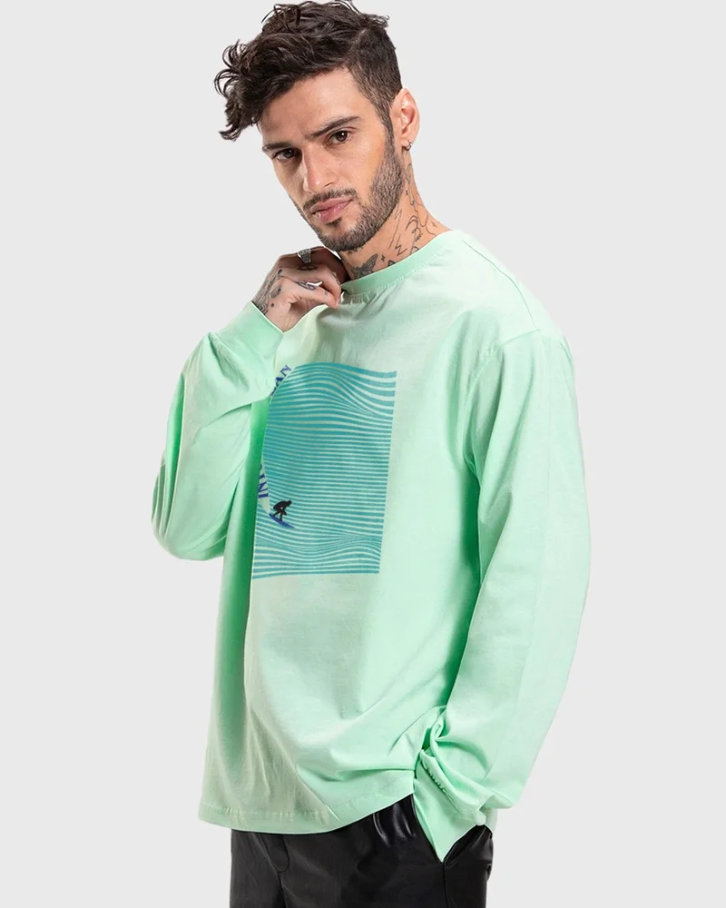 bewakoof Men's Bird Egg Green Into The Ocean Graphic Printed Oversized T-shirt